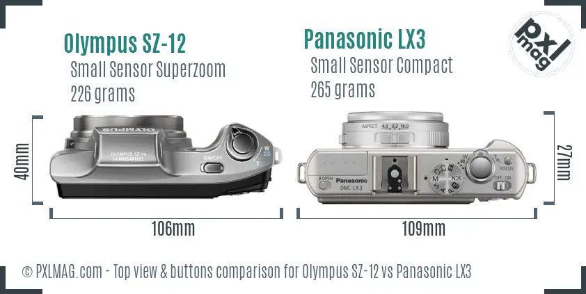 Olympus SZ-12 vs Panasonic LX3 top view buttons comparison