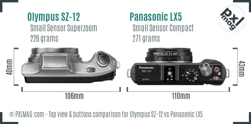 Olympus SZ-12 vs Panasonic LX5 top view buttons comparison