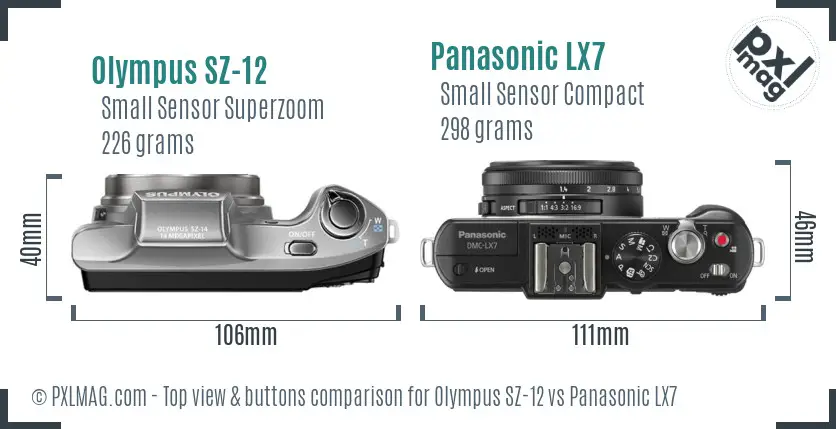 Olympus SZ-12 vs Panasonic LX7 top view buttons comparison Olympus SZ-12 vs Panasonic LX7 top view buttons comparison