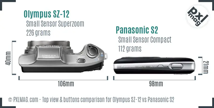 Olympus SZ-12 vs Panasonic S2 top view buttons comparison