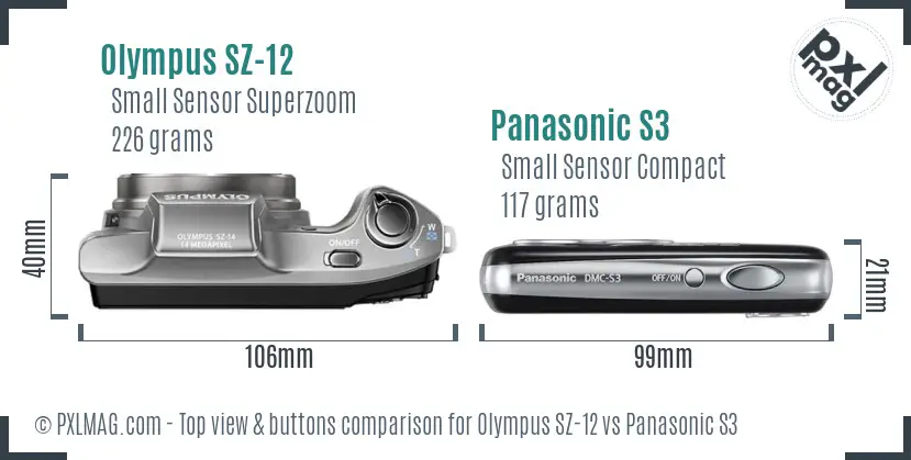 Olympus SZ-12 vs Panasonic S3 top view buttons comparison