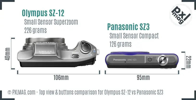 Olympus SZ-12 vs Panasonic SZ3 top view buttons comparison