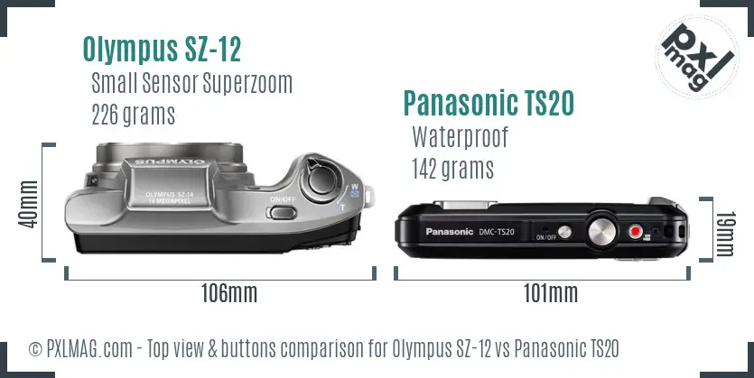 Olympus SZ-12 vs Panasonic TS20 top view buttons comparison