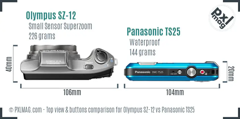 Olympus SZ-12 vs Panasonic TS25 top view buttons comparison