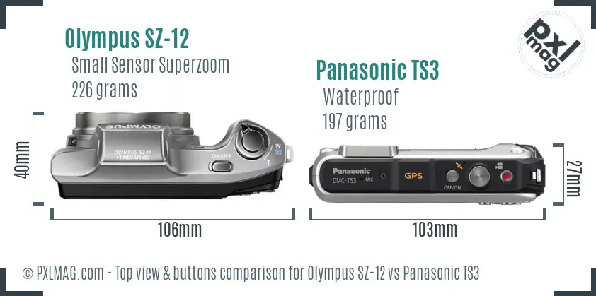 Olympus SZ-12 vs Panasonic TS3 top view buttons comparison