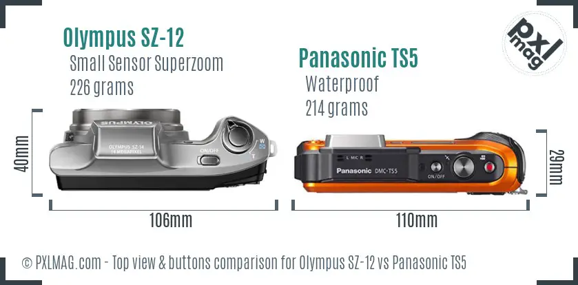Olympus SZ-12 vs Panasonic TS5 top view buttons comparison