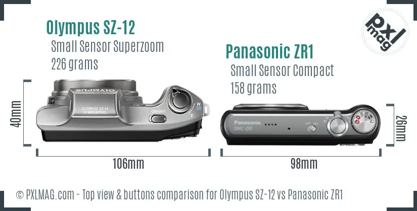 Olympus SZ-12 vs Panasonic ZR1 top view buttons comparison