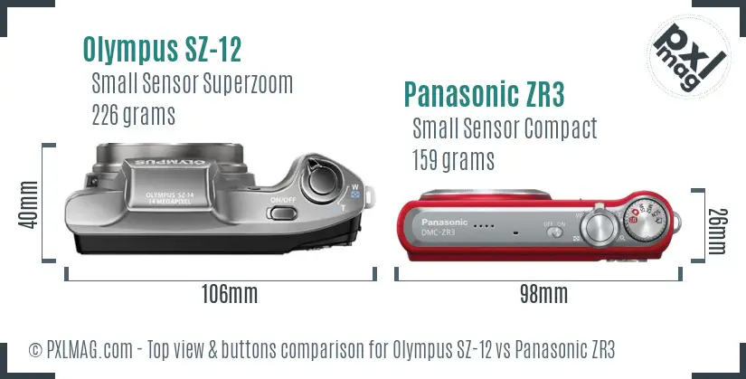 Olympus SZ-12 vs Panasonic ZR3 top view buttons comparison