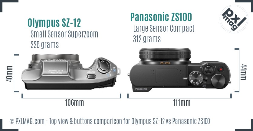 Olympus SZ-12 vs Panasonic ZS100 top view buttons comparison