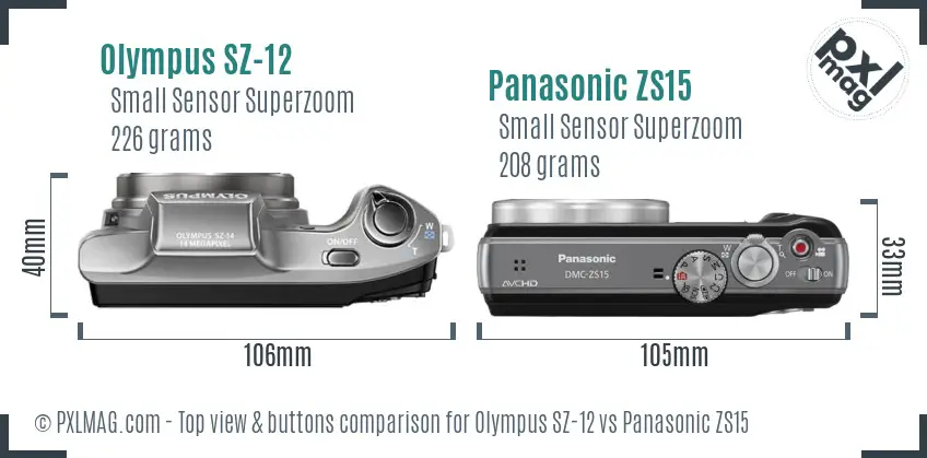 Olympus SZ-12 vs Panasonic ZS15 top view buttons comparison