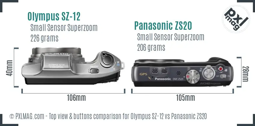 Olympus SZ-12 vs Panasonic ZS20 top view buttons comparison