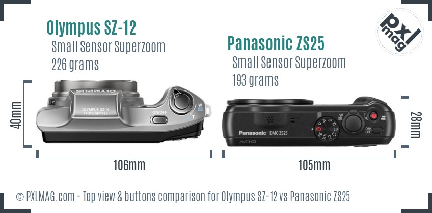 Olympus SZ-12 vs Panasonic ZS25 top view buttons comparison