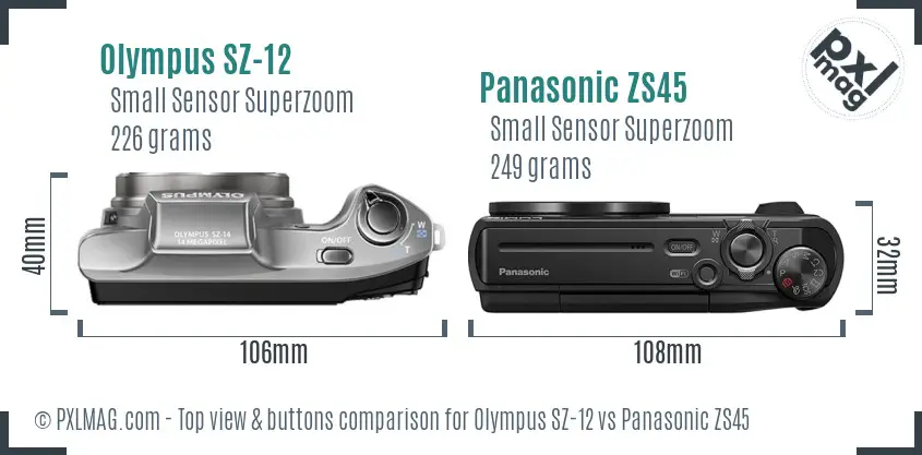 Olympus SZ-12 vs Panasonic ZS45 top view buttons comparison