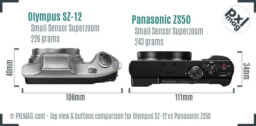 Olympus SZ-12 vs Panasonic ZS50 top view buttons comparison