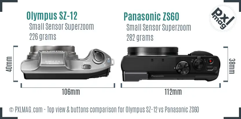 Olympus SZ-12 vs Panasonic ZS60 top view buttons comparison