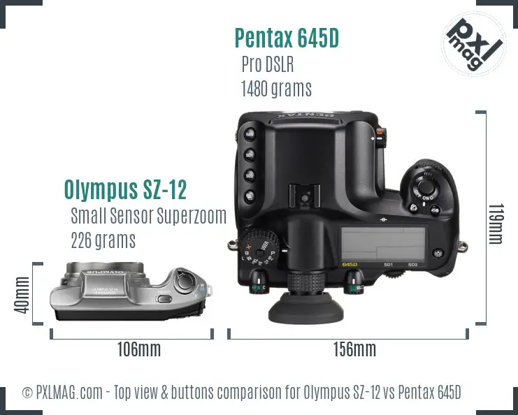 Olympus SZ-12 vs Pentax 645D top view buttons comparison