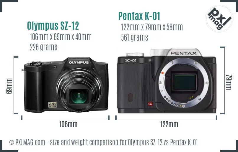 Olympus SZ-12 vs Pentax K-01 size comparison