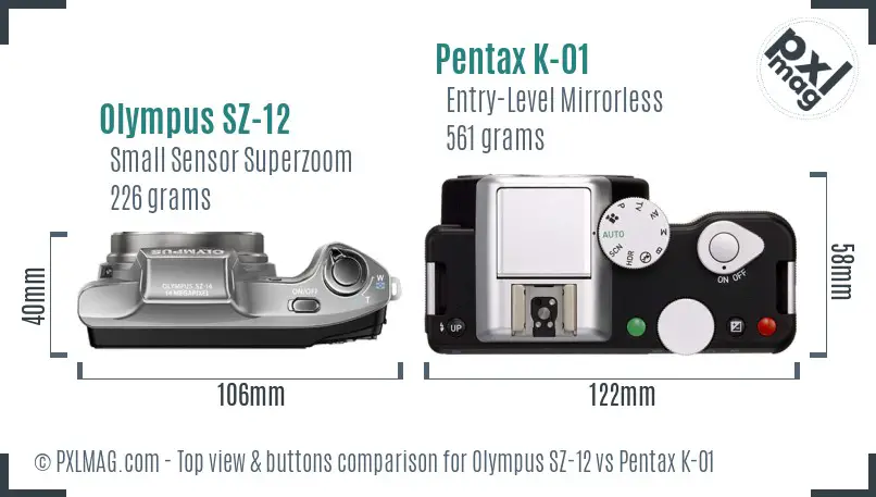 Olympus SZ-12 vs Pentax K-01 top view buttons comparison