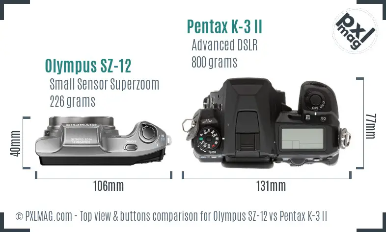 Olympus SZ-12 vs Pentax K-3 II top view buttons comparison