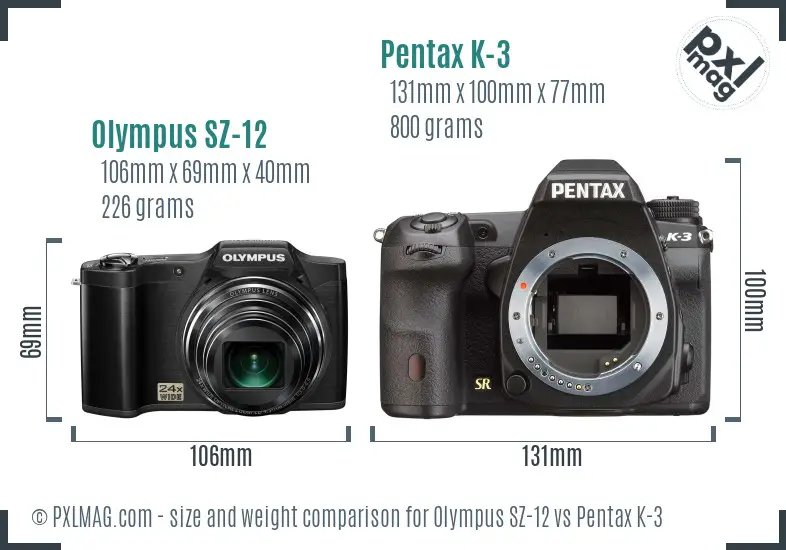 Olympus SZ-12 vs Pentax K-3 size comparison