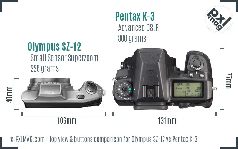 Olympus SZ-12 vs Pentax K-3 top view buttons comparison