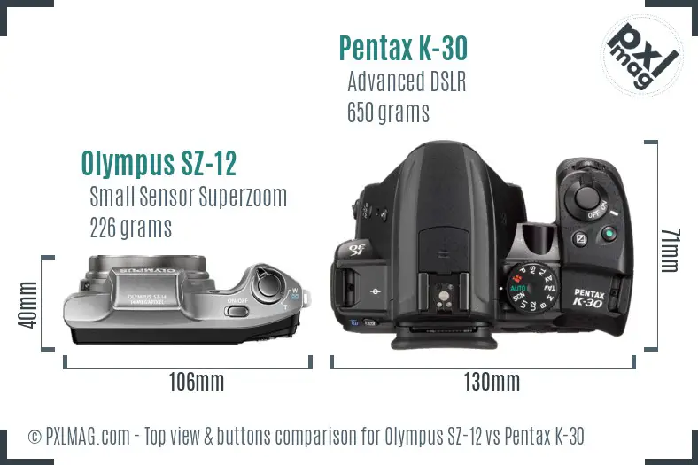 Olympus SZ-12 vs Pentax K-30 top view buttons comparison