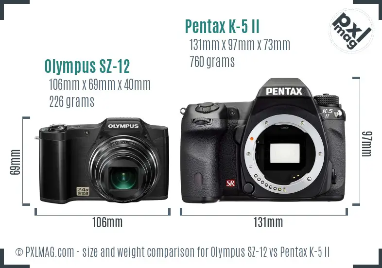 Olympus SZ-12 vs Pentax K-5 II size comparison