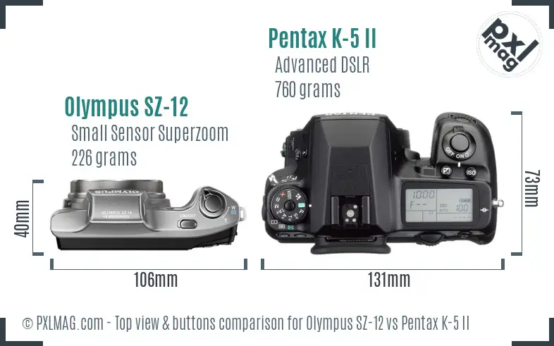 Olympus SZ-12 vs Pentax K-5 II top view buttons comparison
