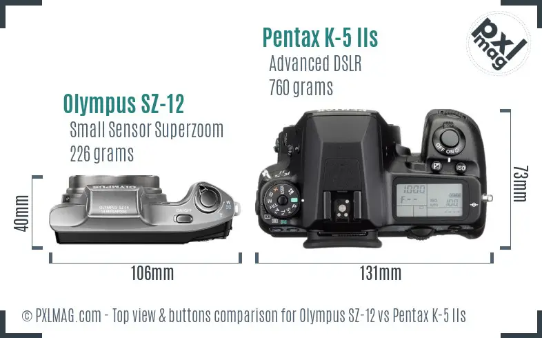 Olympus SZ-12 vs Pentax K-5 IIs top view buttons comparison