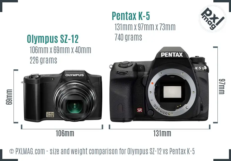 Olympus SZ-12 vs Pentax K-5 size comparison