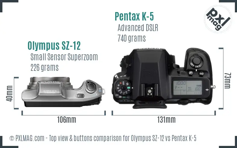 Olympus SZ-12 vs Pentax K-5 top view buttons comparison