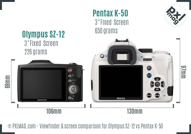 Olympus SZ-12 vs Pentax K-50 Screen and Viewfinder comparison