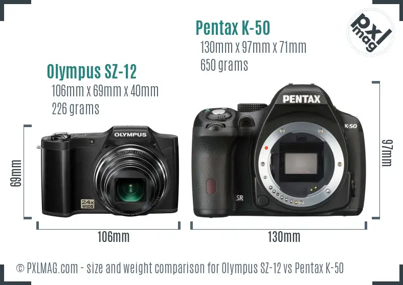 Olympus SZ-12 vs Pentax K-50 size comparison