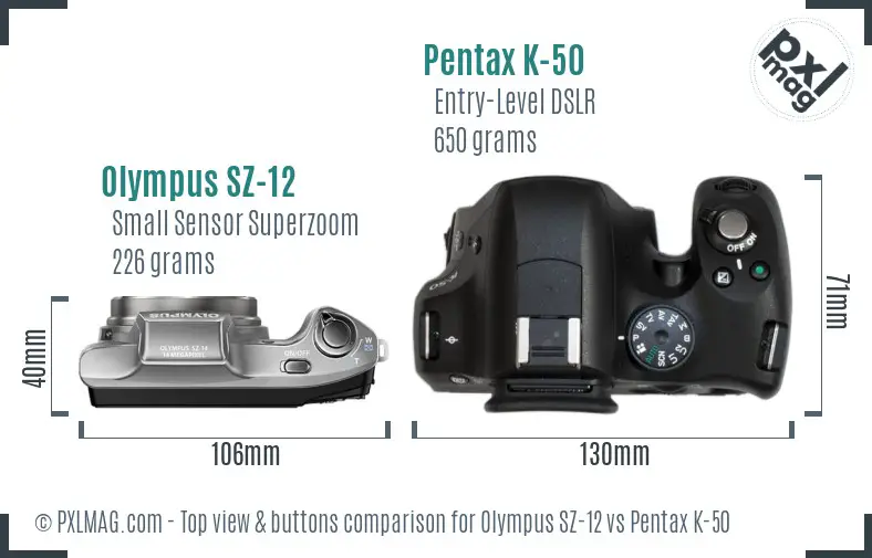 Olympus SZ-12 vs Pentax K-50 top view buttons comparison