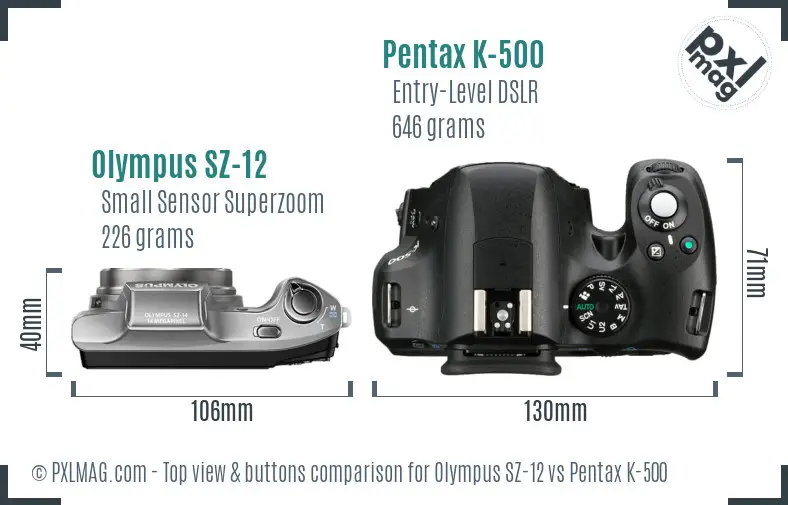 Olympus SZ-12 vs Pentax K-500 top view buttons comparison