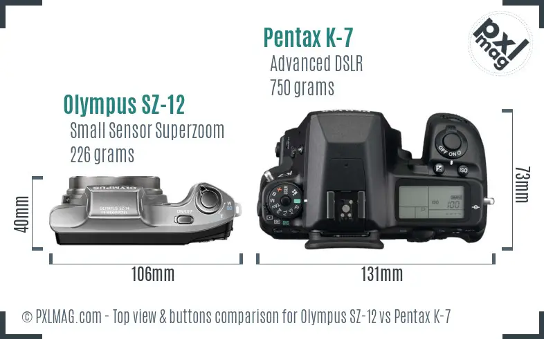 Olympus SZ-12 vs Pentax K-7 top view buttons comparison