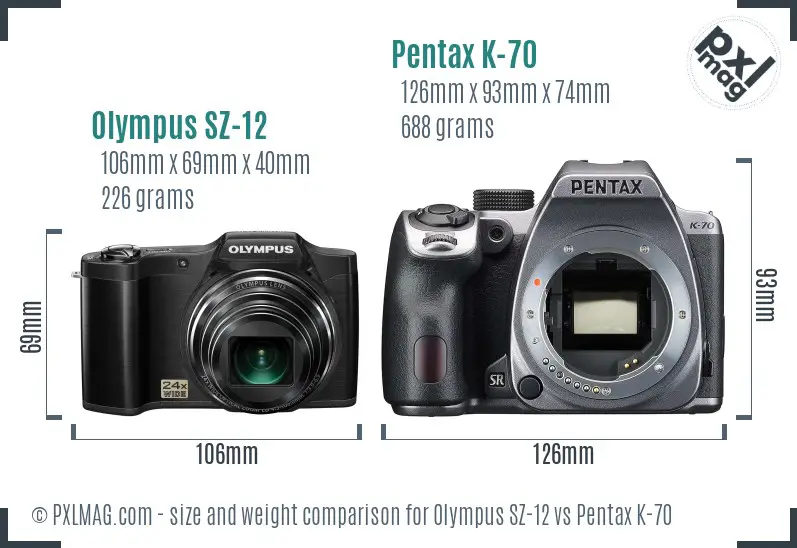 Olympus SZ-12 vs Pentax K-70 size comparison