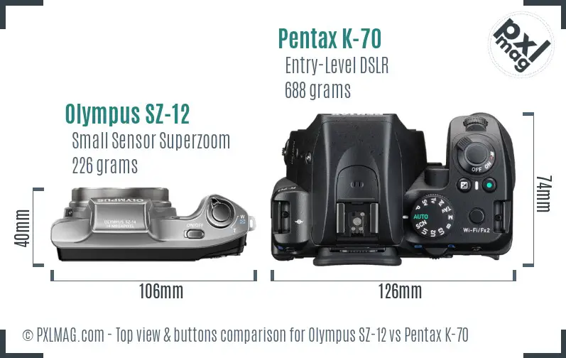 Olympus SZ-12 vs Pentax K-70 top view buttons comparison