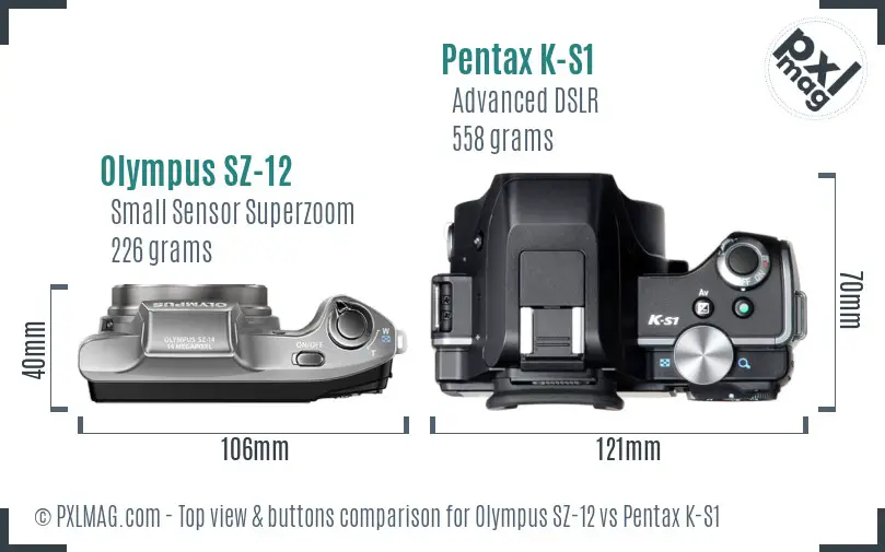 Olympus SZ-12 vs Pentax K-S1 top view buttons comparison