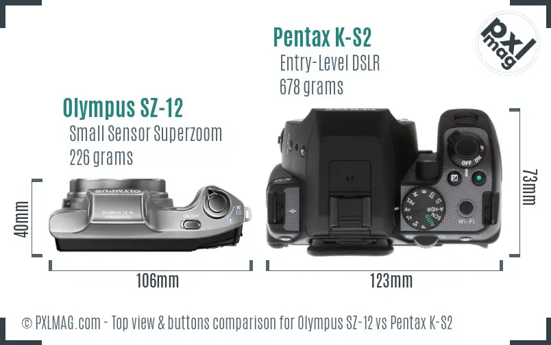 Olympus SZ-12 vs Pentax K-S2 top view buttons comparison