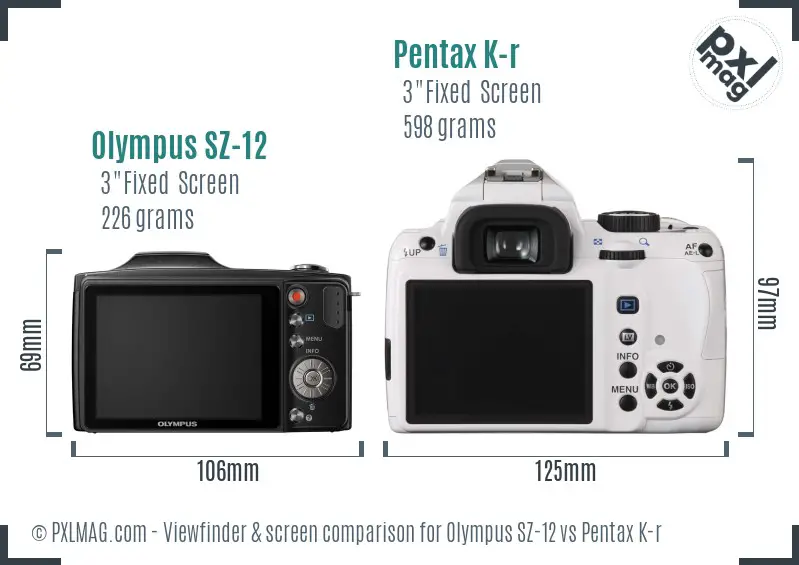 Olympus SZ-12 vs Pentax K-r Screen and Viewfinder comparison