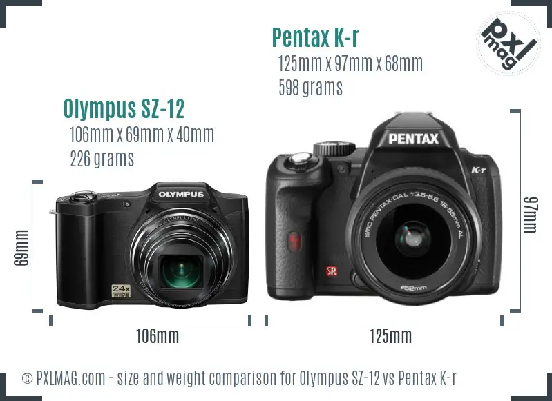 Olympus SZ-12 vs Pentax K-r size comparison