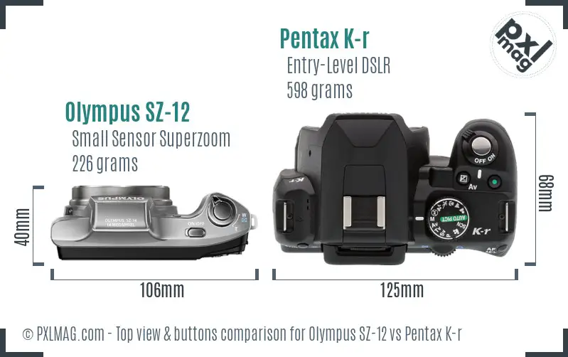 Olympus SZ-12 vs Pentax K-r top view buttons comparison