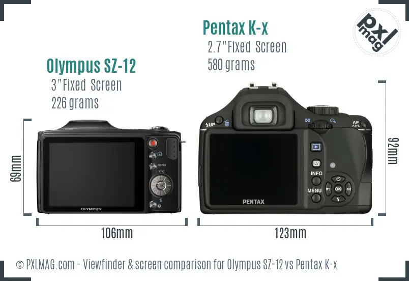 Olympus SZ-12 vs Pentax K-x Screen and Viewfinder comparison