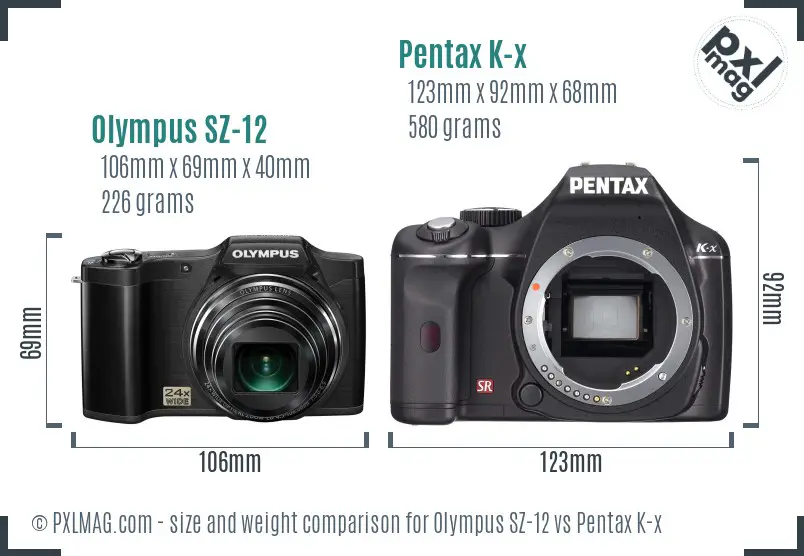 Olympus SZ-12 vs Pentax K-x size comparison