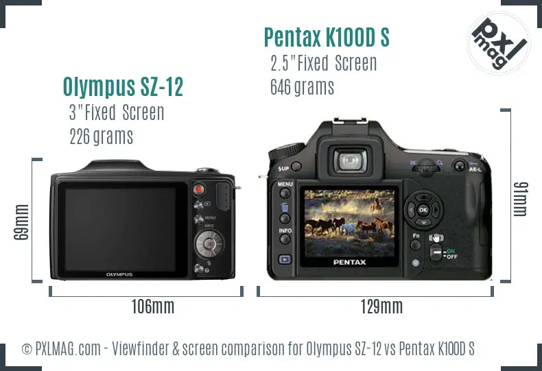 Olympus SZ-12 vs Pentax K100D S Screen and Viewfinder comparison