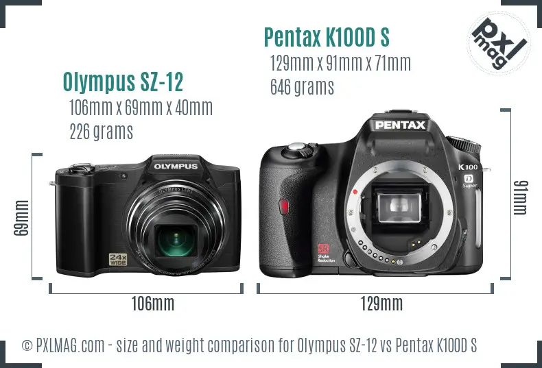 Olympus SZ-12 vs Pentax K100D S size comparison