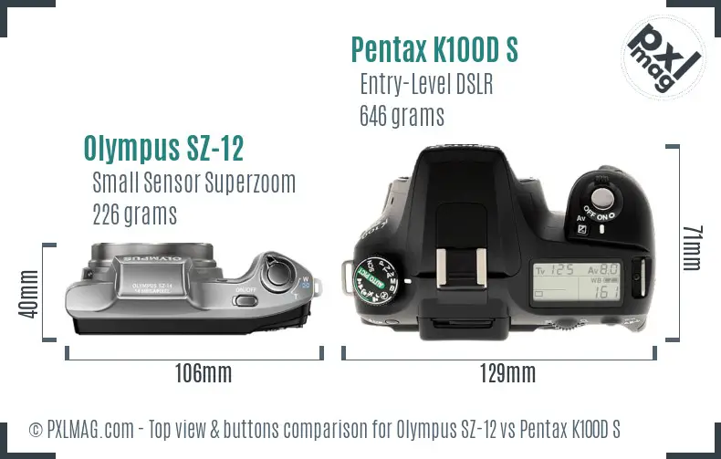 Olympus SZ-12 vs Pentax K100D S top view buttons comparison