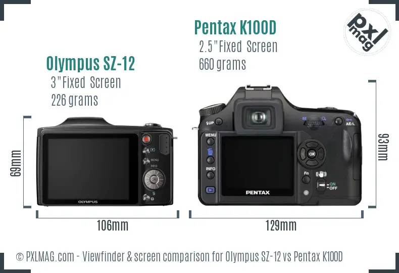 Olympus SZ-12 vs Pentax K100D Screen and Viewfinder comparison