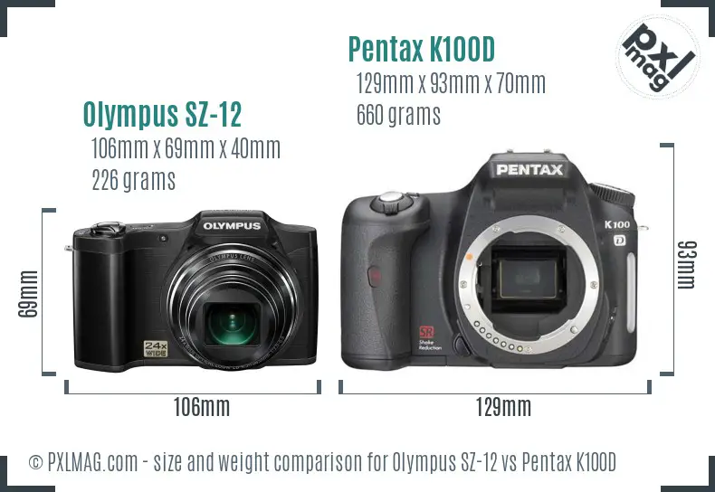 Olympus SZ-12 vs Pentax K100D size comparison